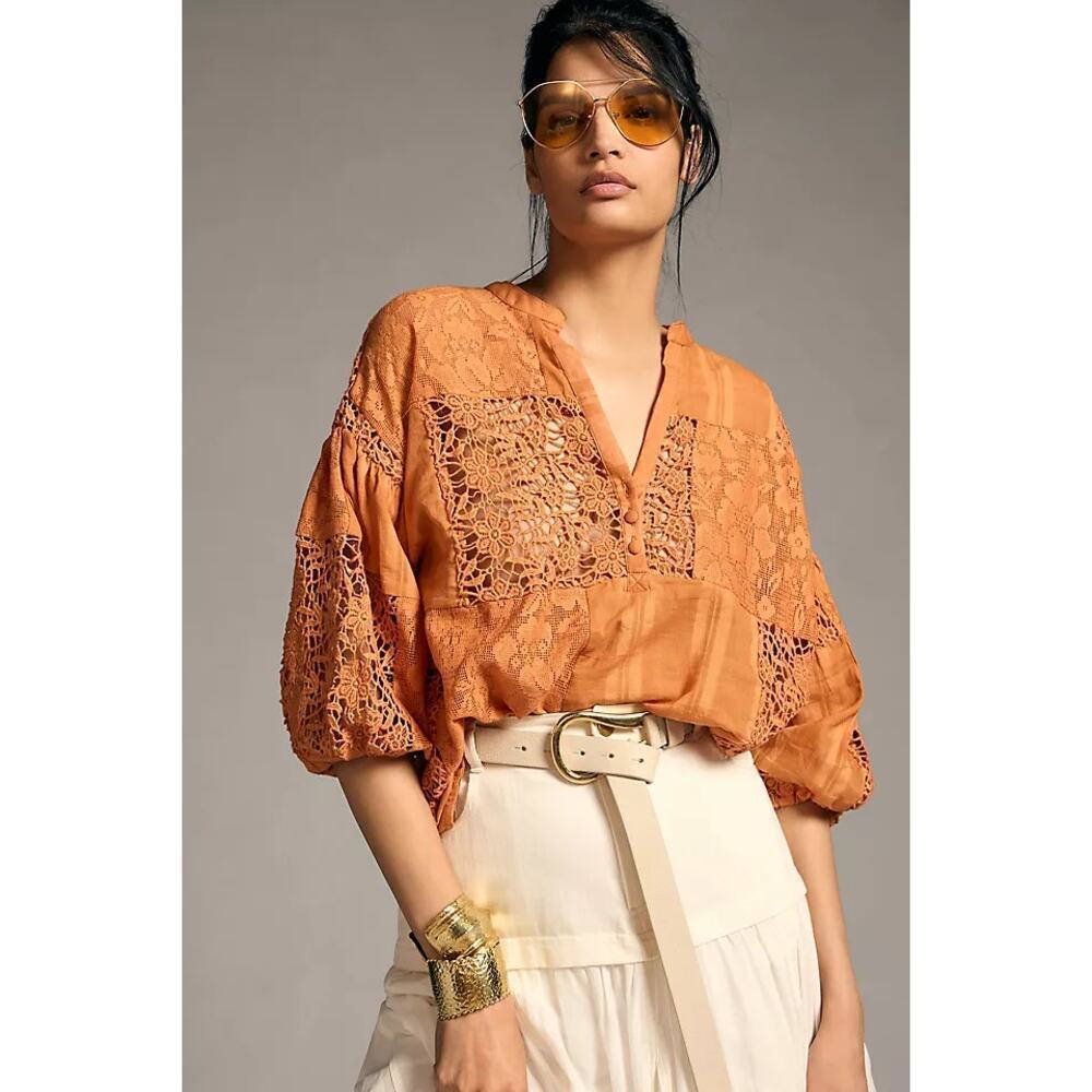 The Odells x Anthropologie Puff Sleeve Lace Patchwork Blouse Orange Women's XS